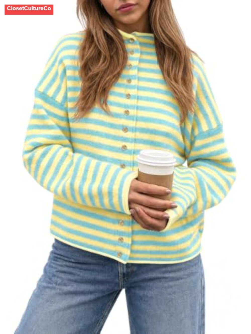 Striped Mock Neck Button Down Cardigan Sweater Loose Fit Long Sleeve Fall